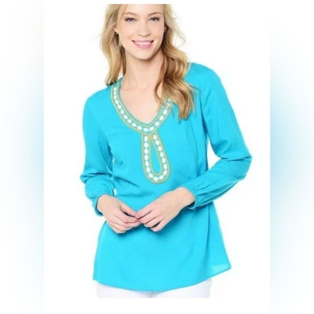 Lilly Pulitzer Tunic Top in Deep Cyan Blue Size S Gold Beaded Embellished - Picture 1 of 9